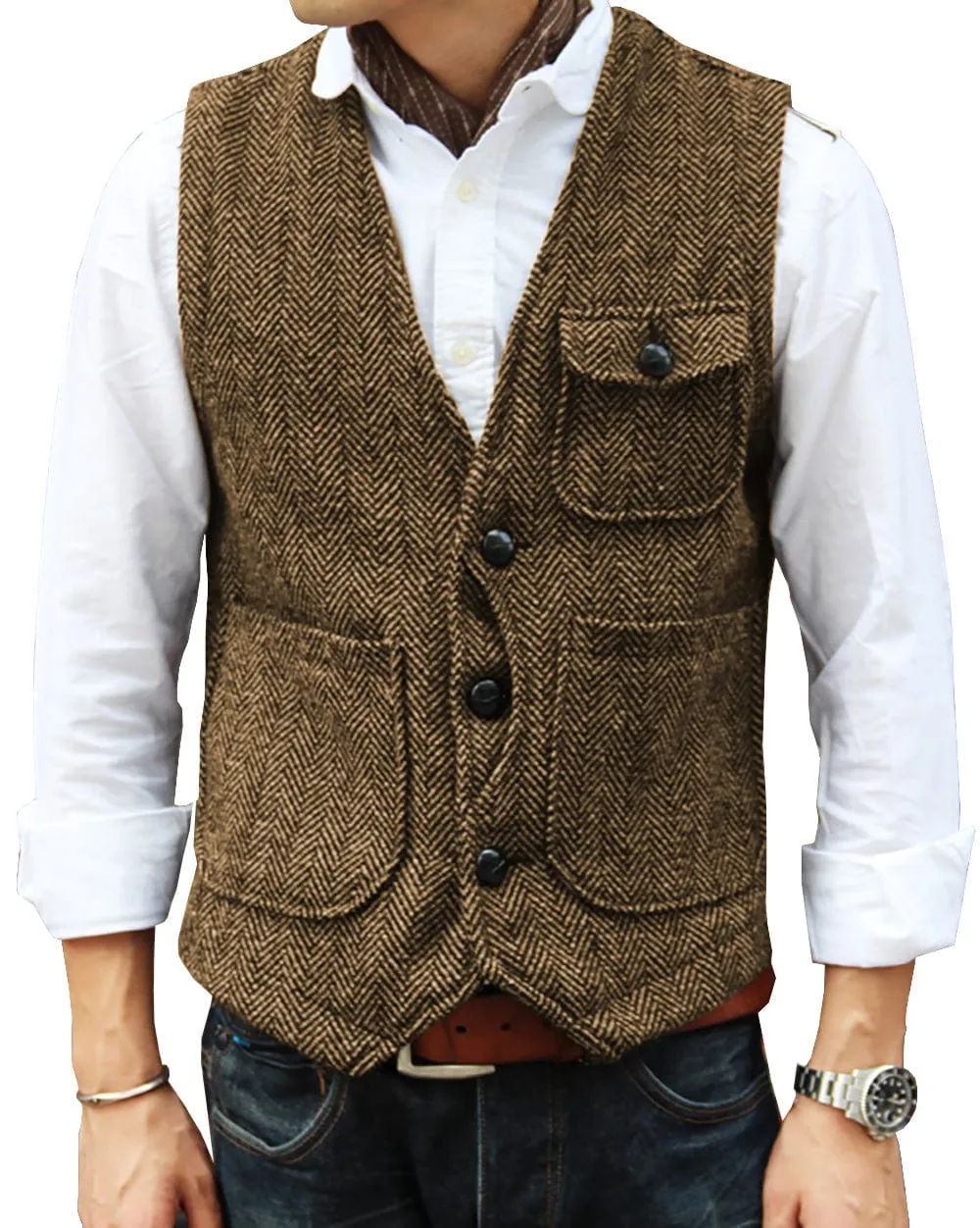 Mens Causual V Neck Tweed Herringbone Waistcoat