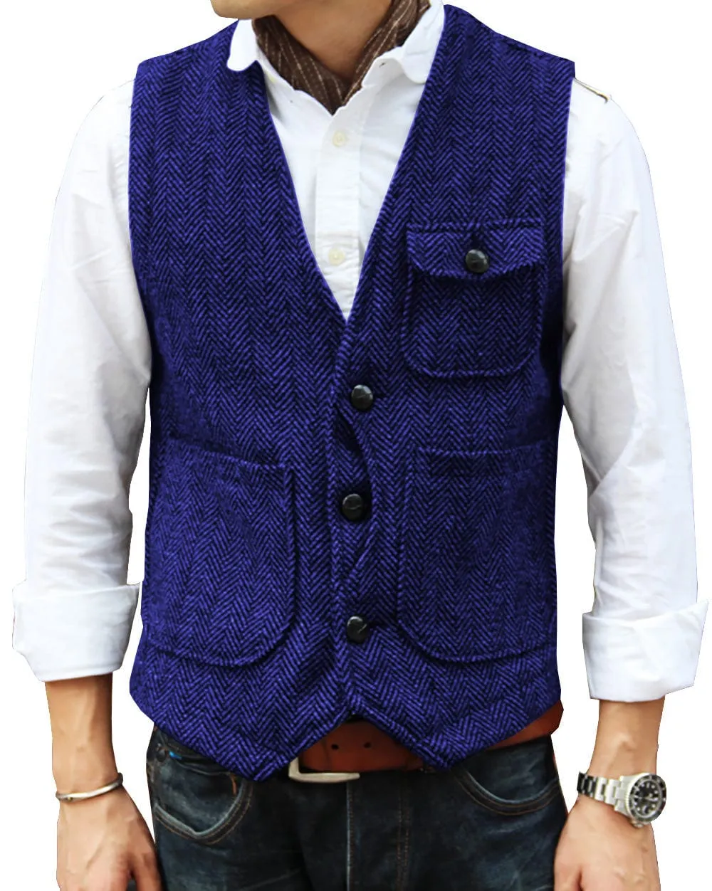 Mens Causual V Neck Tweed Herringbone Waistcoat