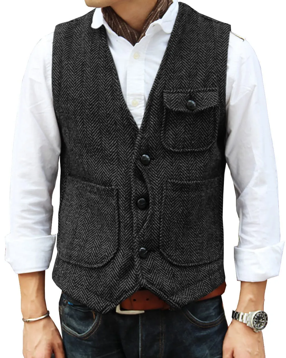 Mens Causual V Neck Tweed Herringbone Waistcoat