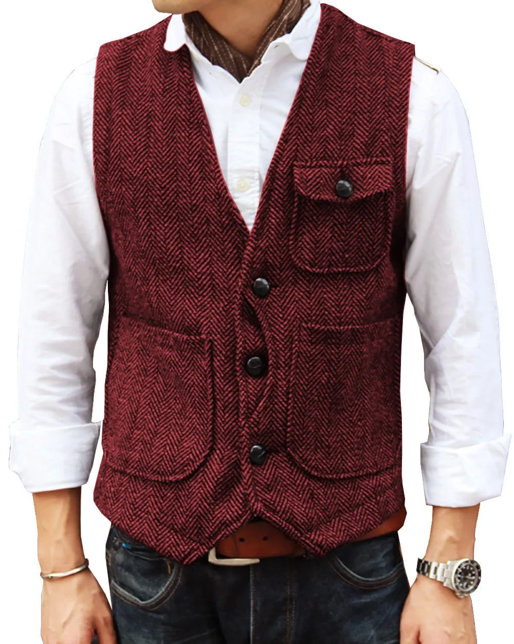 Mens Causual V Neck Tweed Herringbone Waistcoat