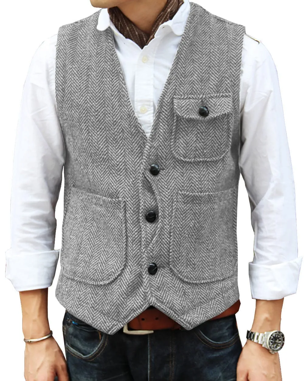 Mens Causual V Neck Tweed Herringbone Waistcoat