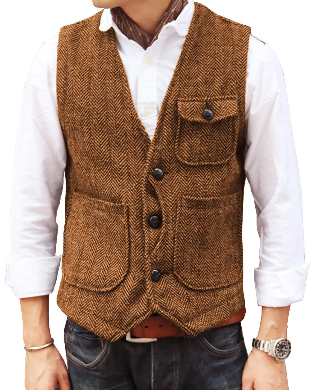 Mens Causual V Neck Tweed Herringbone Waistcoat