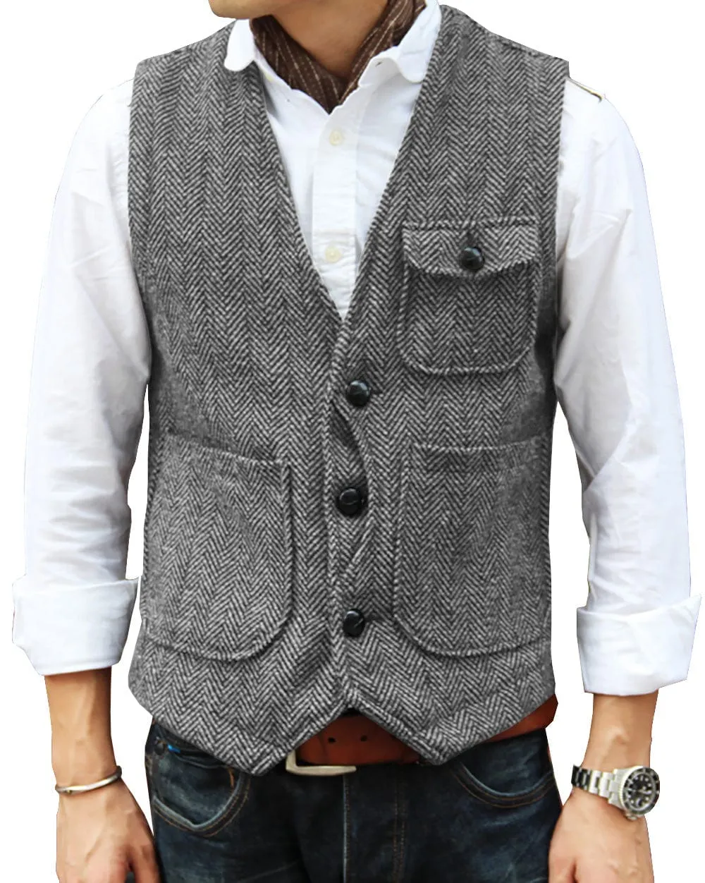 Mens Causual V Neck Tweed Herringbone Waistcoat