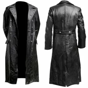 MEN'S GERMAN WW2 Military Uniform Officer Black Faux Leather Trench Coat