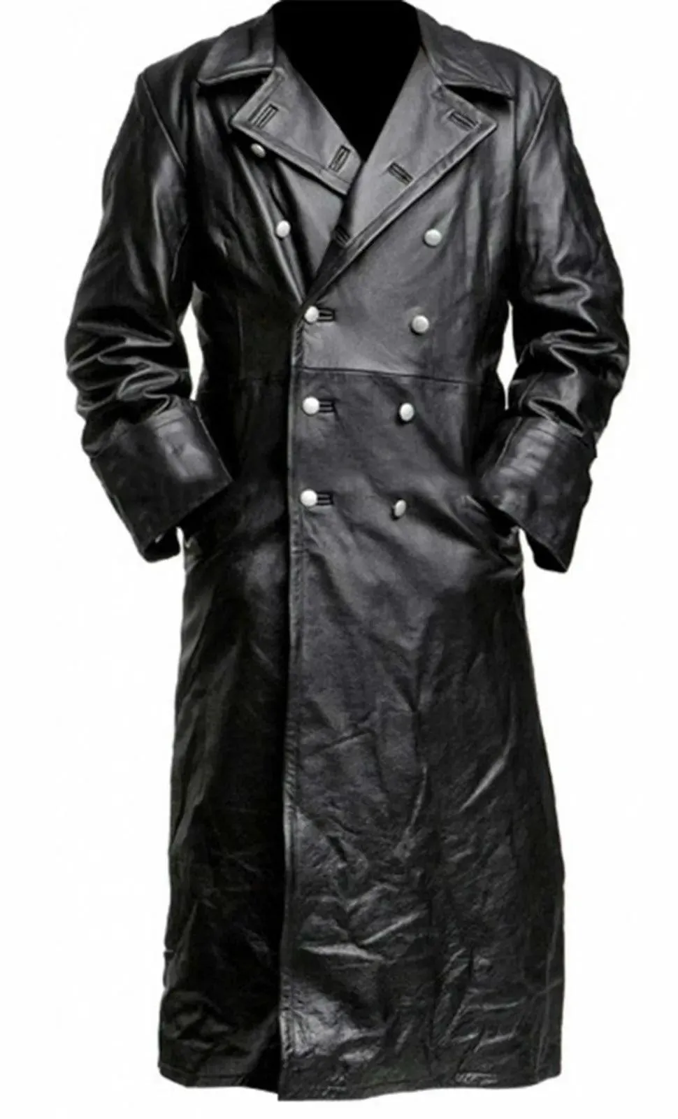 MEN'S GERMAN WW2 Military Uniform Officer Black Faux Leather Trench Coat