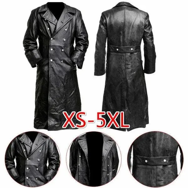 MEN'S GERMAN WW2 Military Uniform Officer Black Faux Leather Trench Coat