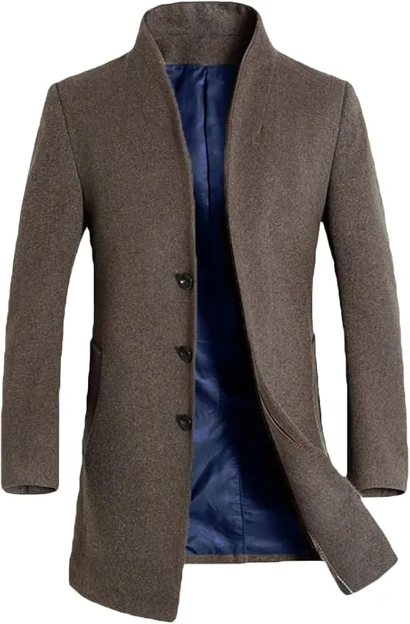 Men's Khaki Mid-Length Single Breasted Wool Blend Top Coat