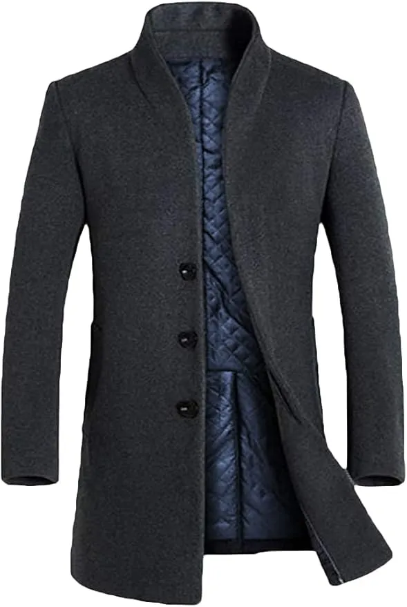 Men's Khaki Mid-Length Single Breasted Wool Blend Top Coat