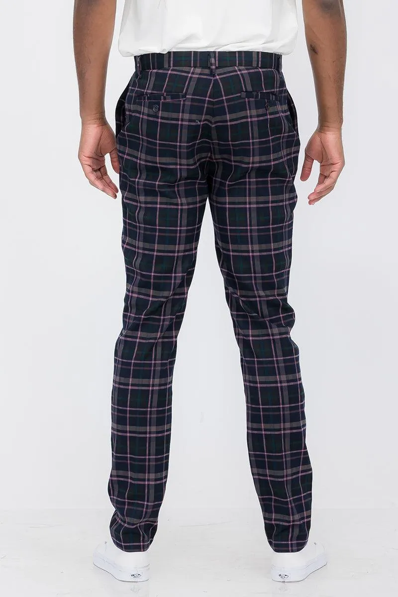 Mens Pink Black Plaid Slim Fit Trouser Pants