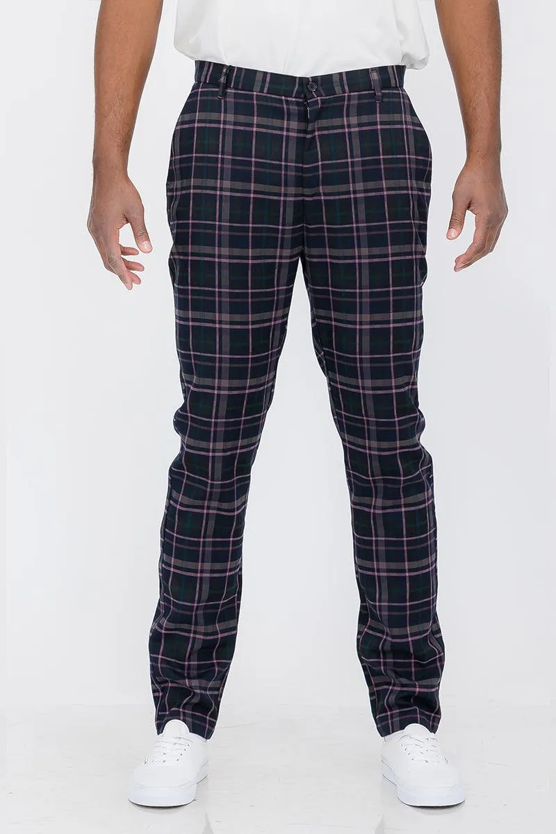 Mens Pink Black Plaid Slim Fit Trouser Pants