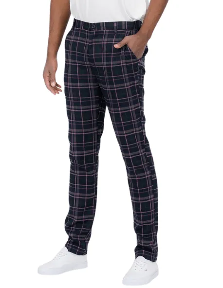 Mens Pink Black Plaid Slim Fit Trouser Pants