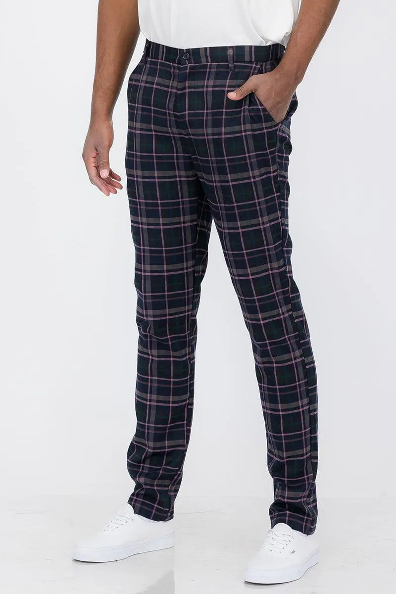 Mens Pink Black Plaid Slim Fit Trouser Pants