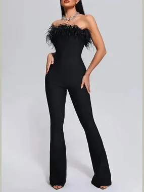 Milan Black Feathered Strapless Belted Designer Style Jumpsuit