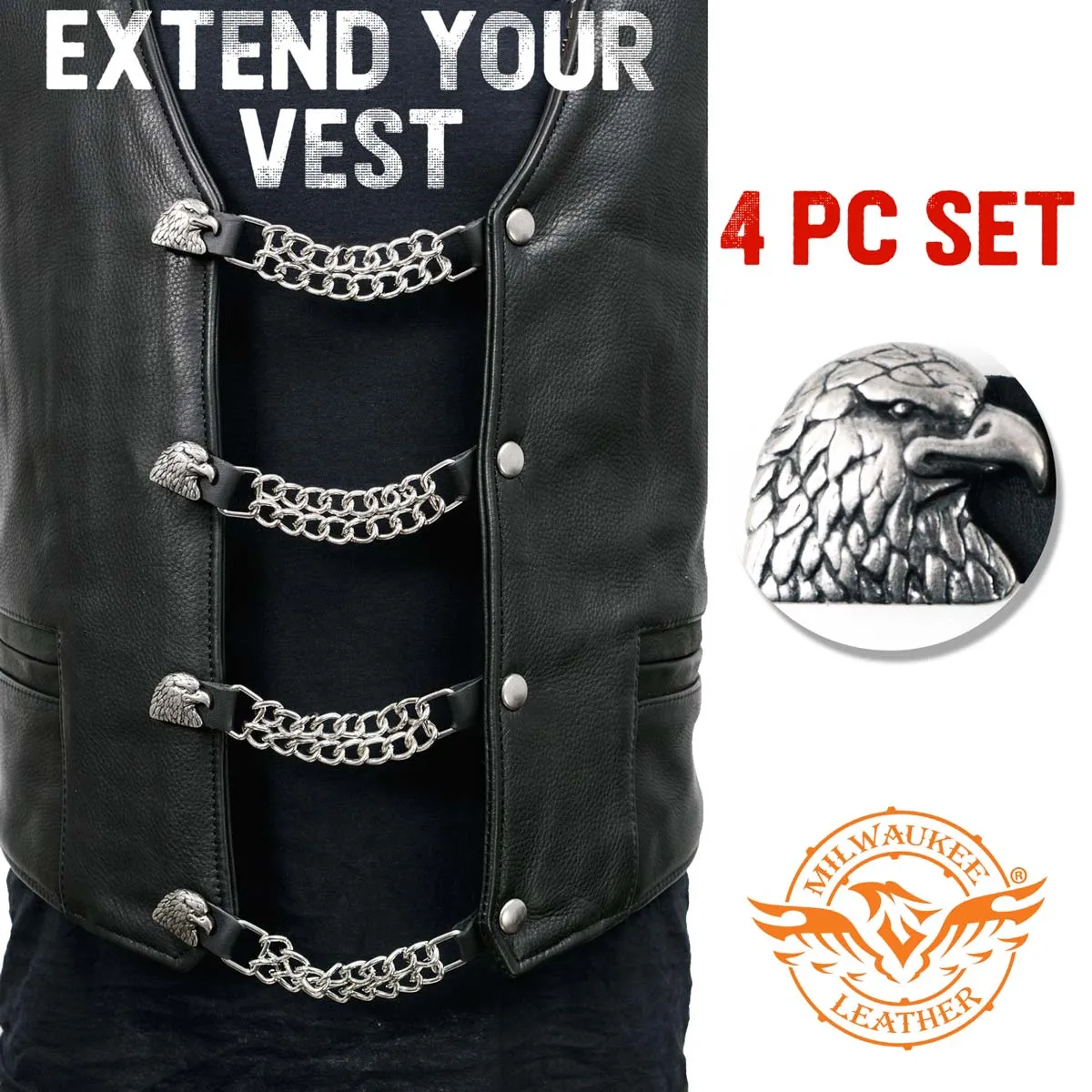 Milwaukee Leather Eagle Head Medallion Vest Extender - Double Chrome