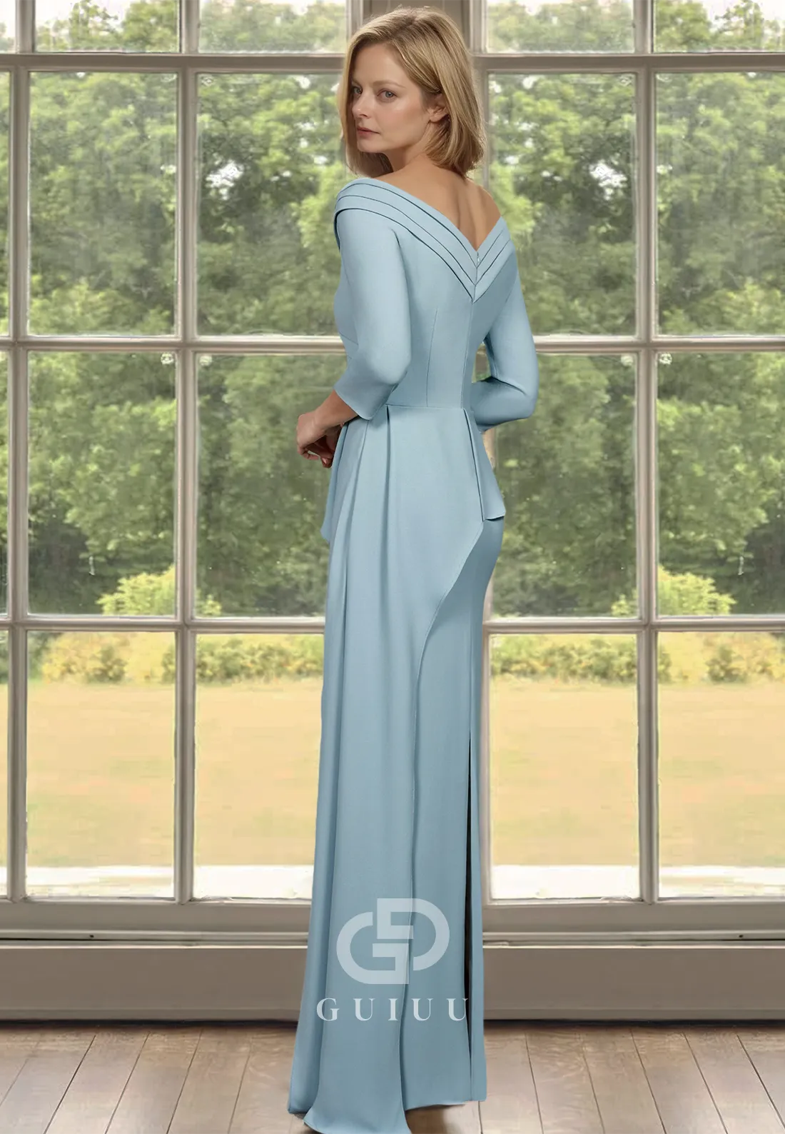 Mist A-Line V-Neck Half Sleeves Empire-Waist Floor-Length Satin Mother of the Bride Dress