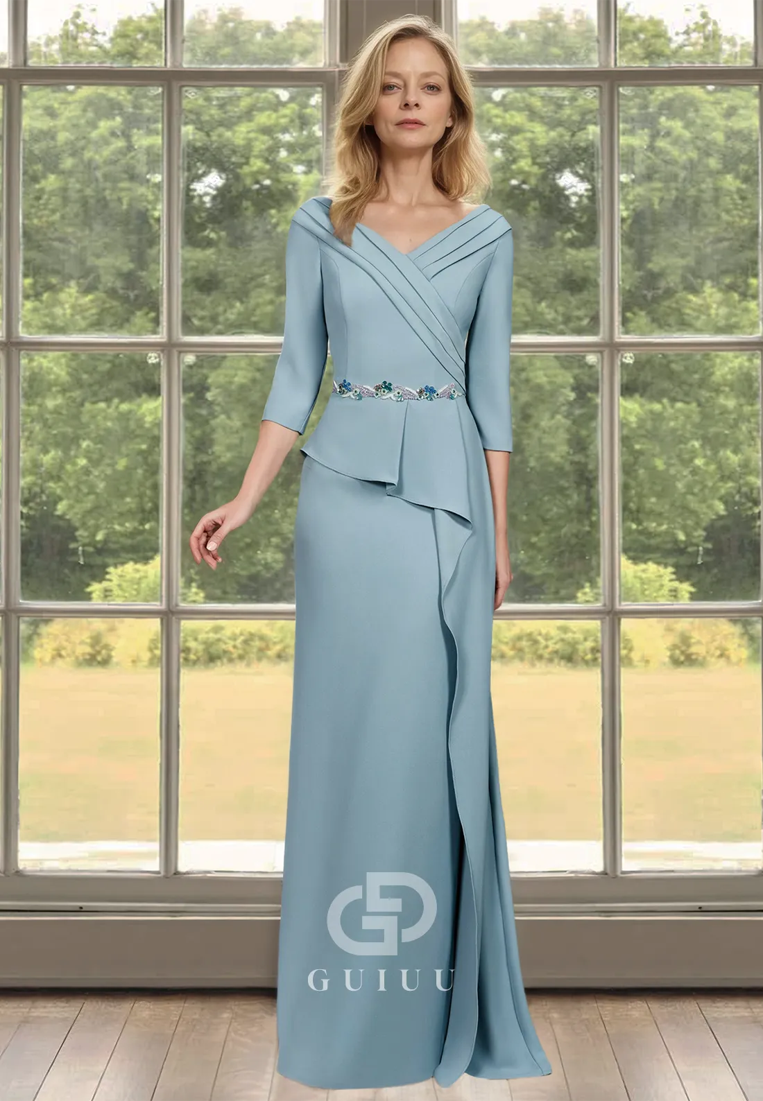 Mist A-Line V-Neck Half Sleeves Empire-Waist Floor-Length Satin Mother of the Bride Dress