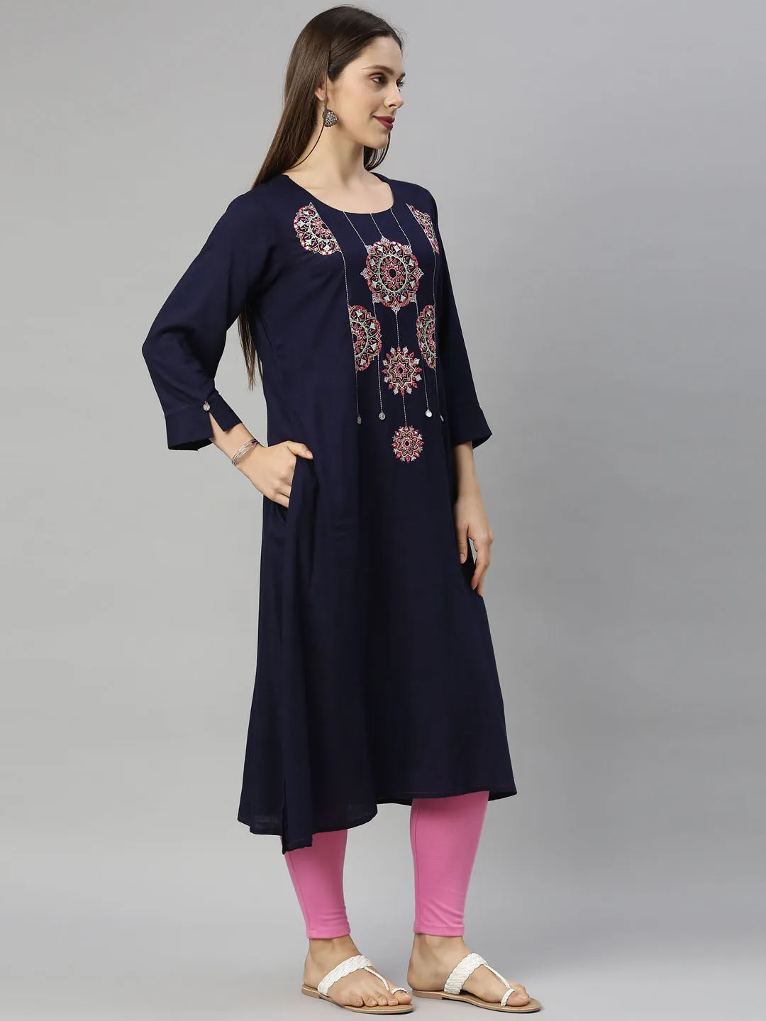 Neeru's Navy Blue Color Slub Riyon Fabric Tunic