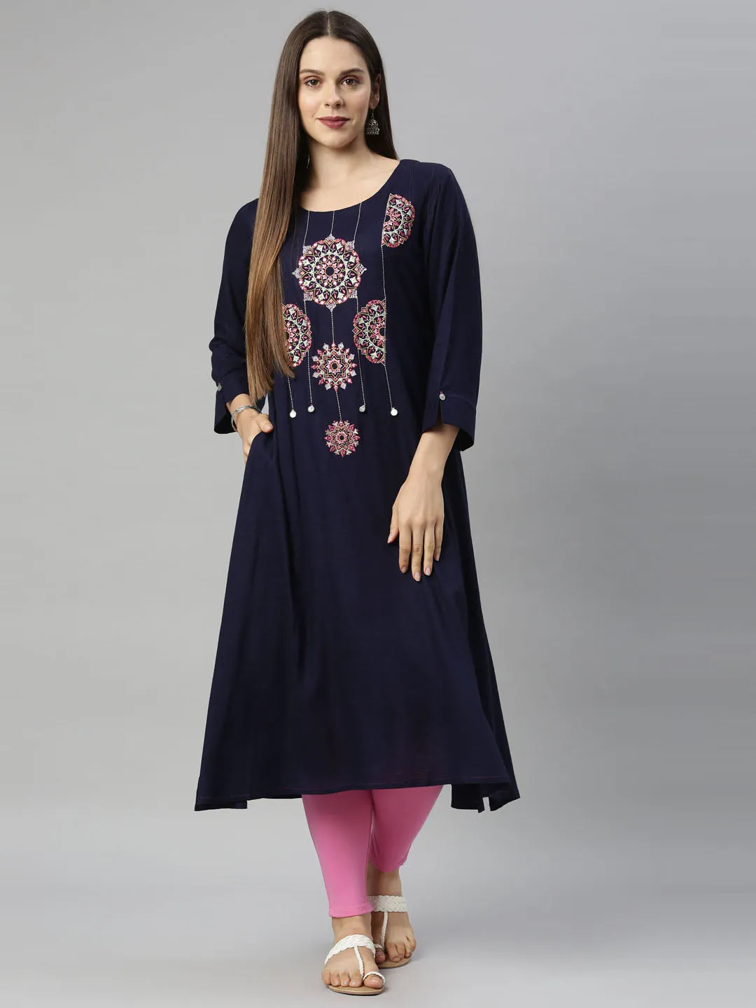 Neeru's Navy Blue Color Slub Riyon Fabric Tunic