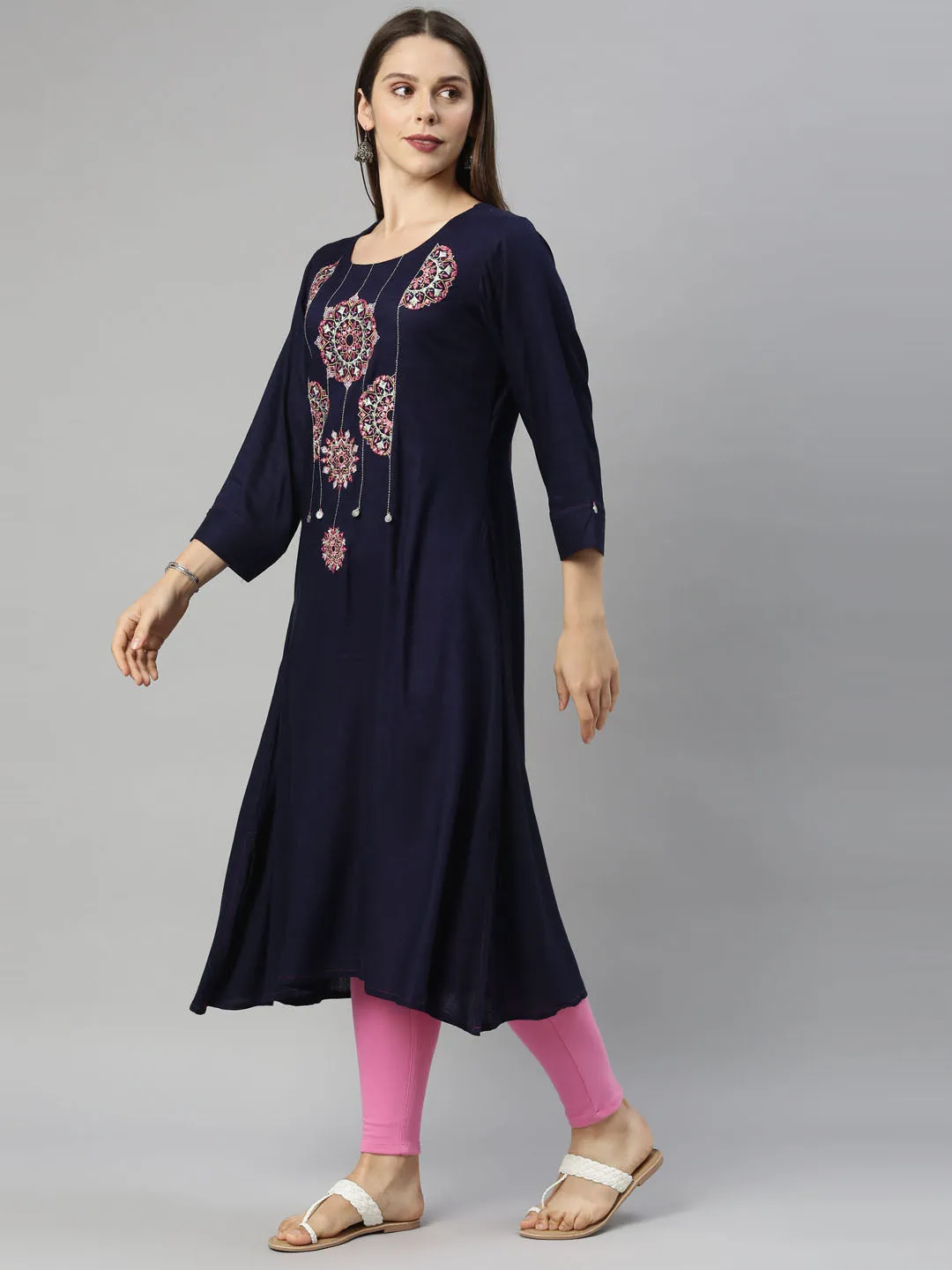 Neeru's Navy Blue Color Slub Riyon Fabric Tunic