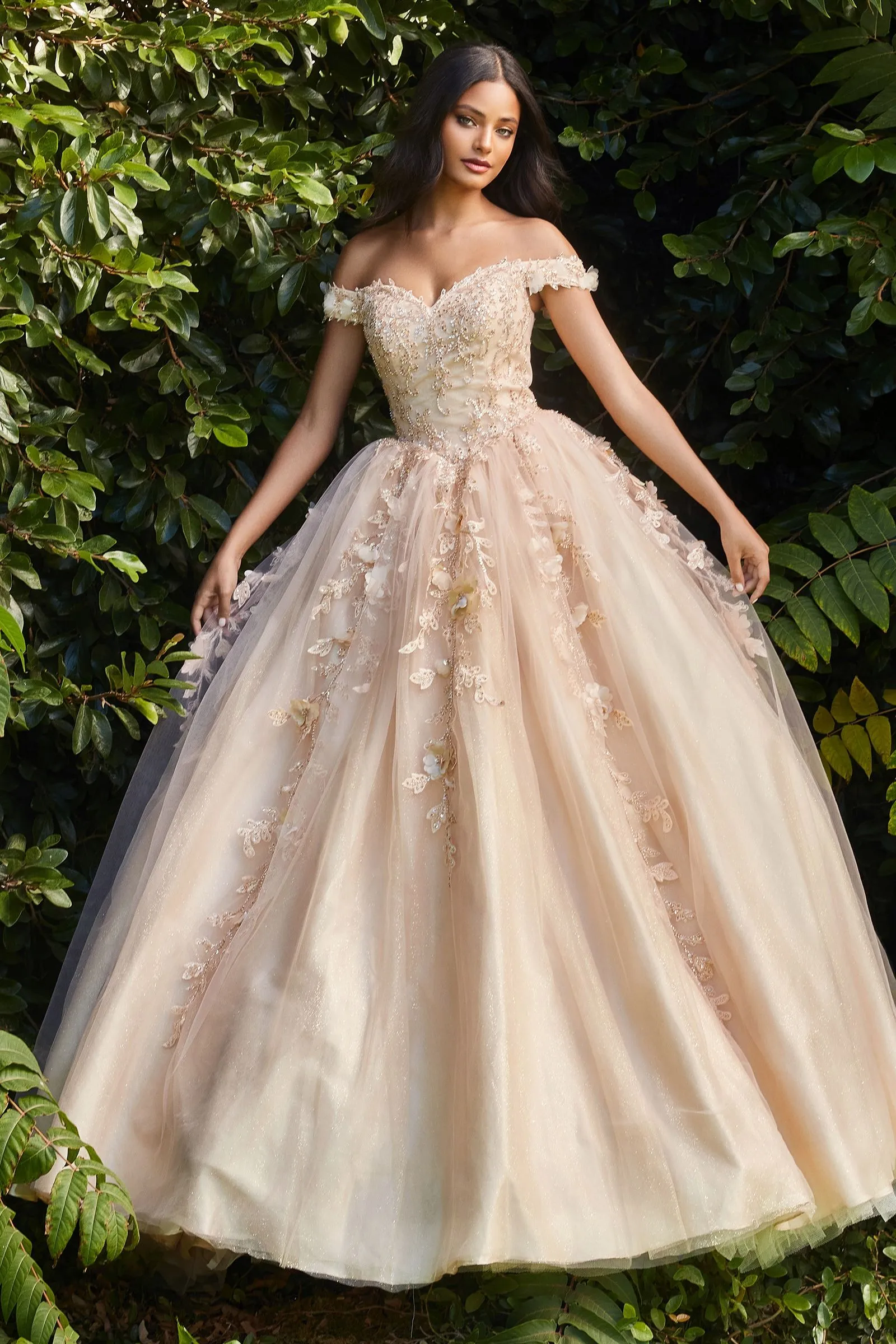 OFF THE SHOULDER LAYERED TULLE BALL GOWN CDCD0185