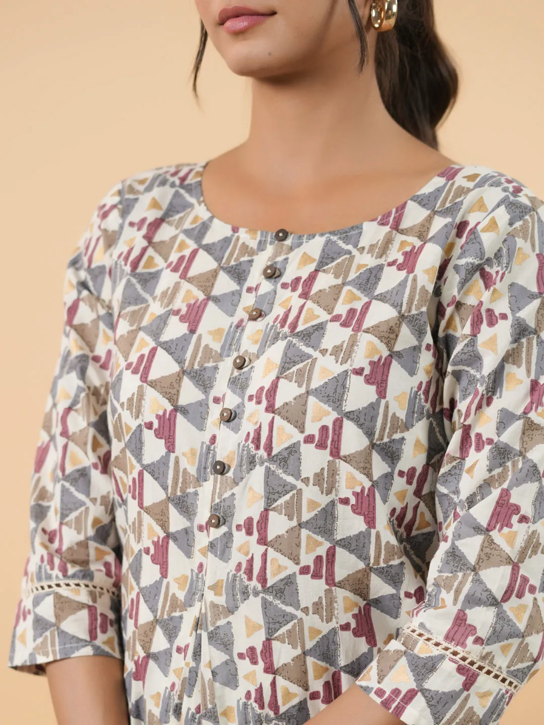 Off White Cotton Geometric Tunic