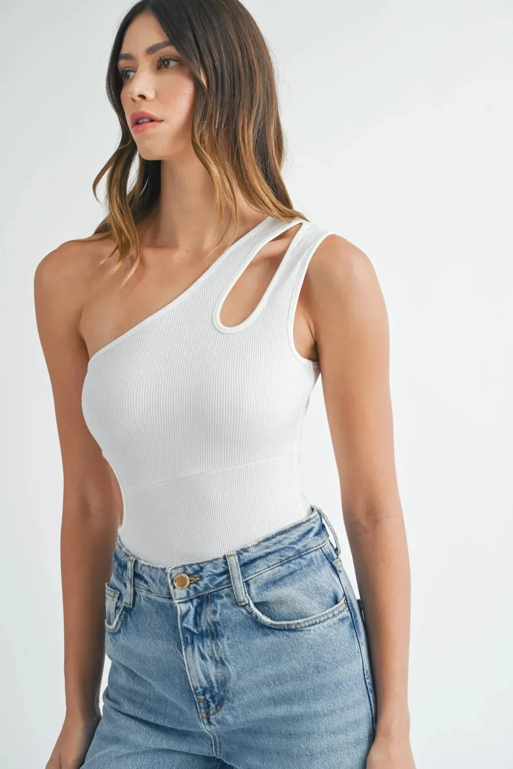 One Shoulder Ribbed Cutout Detail Bodysuit