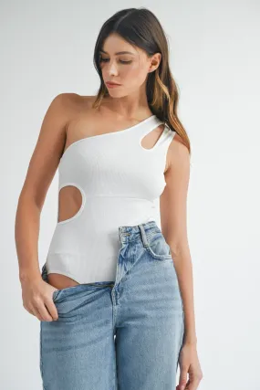 One Shoulder Ribbed Cutout Detail Bodysuit