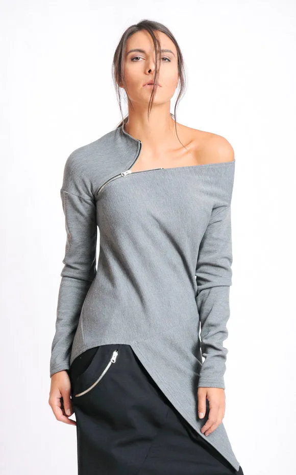 Open Shoulder Zipped Tunic In Gray