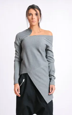 Open Shoulder Zipped Tunic In Gray