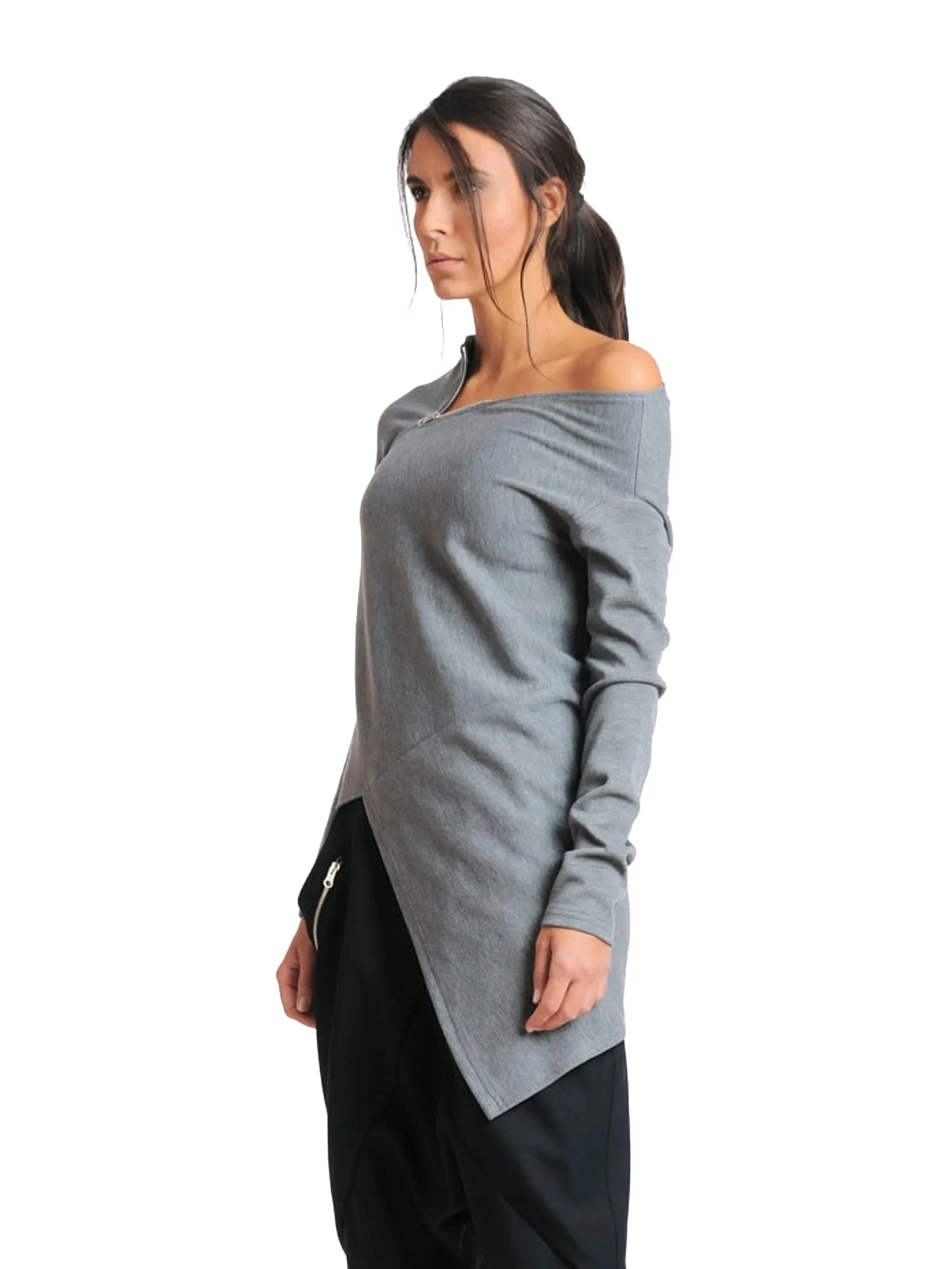 Open Shoulder Zipped Tunic In Gray