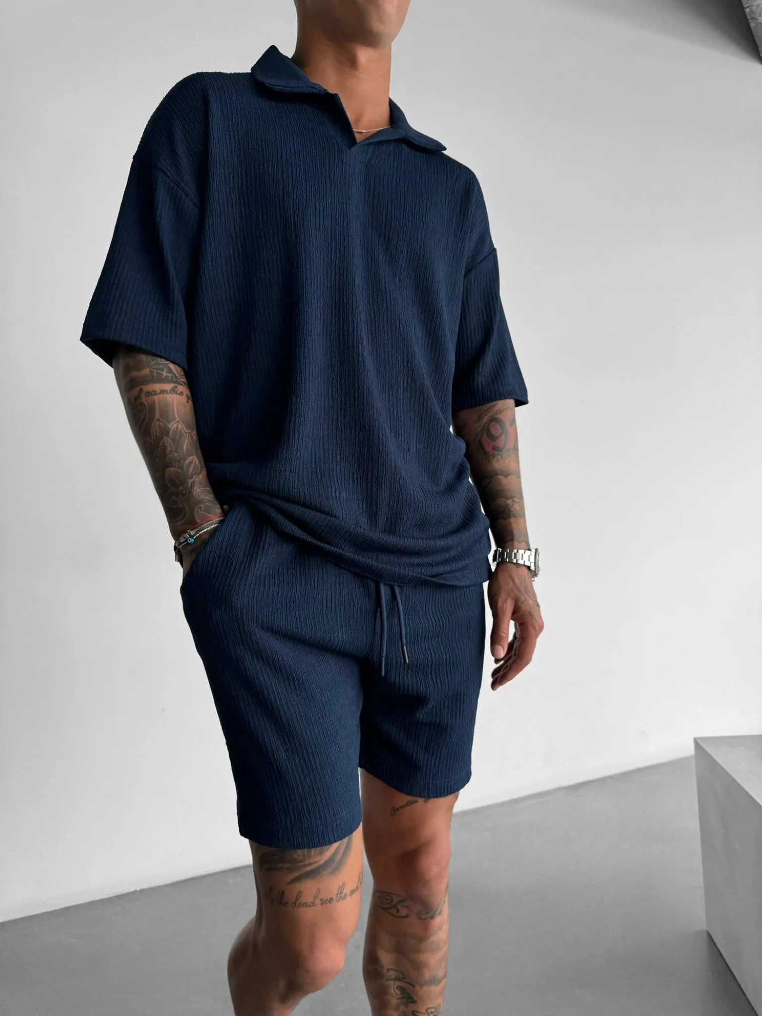 Oversize Crepe Polo T-Shirt - Indigo