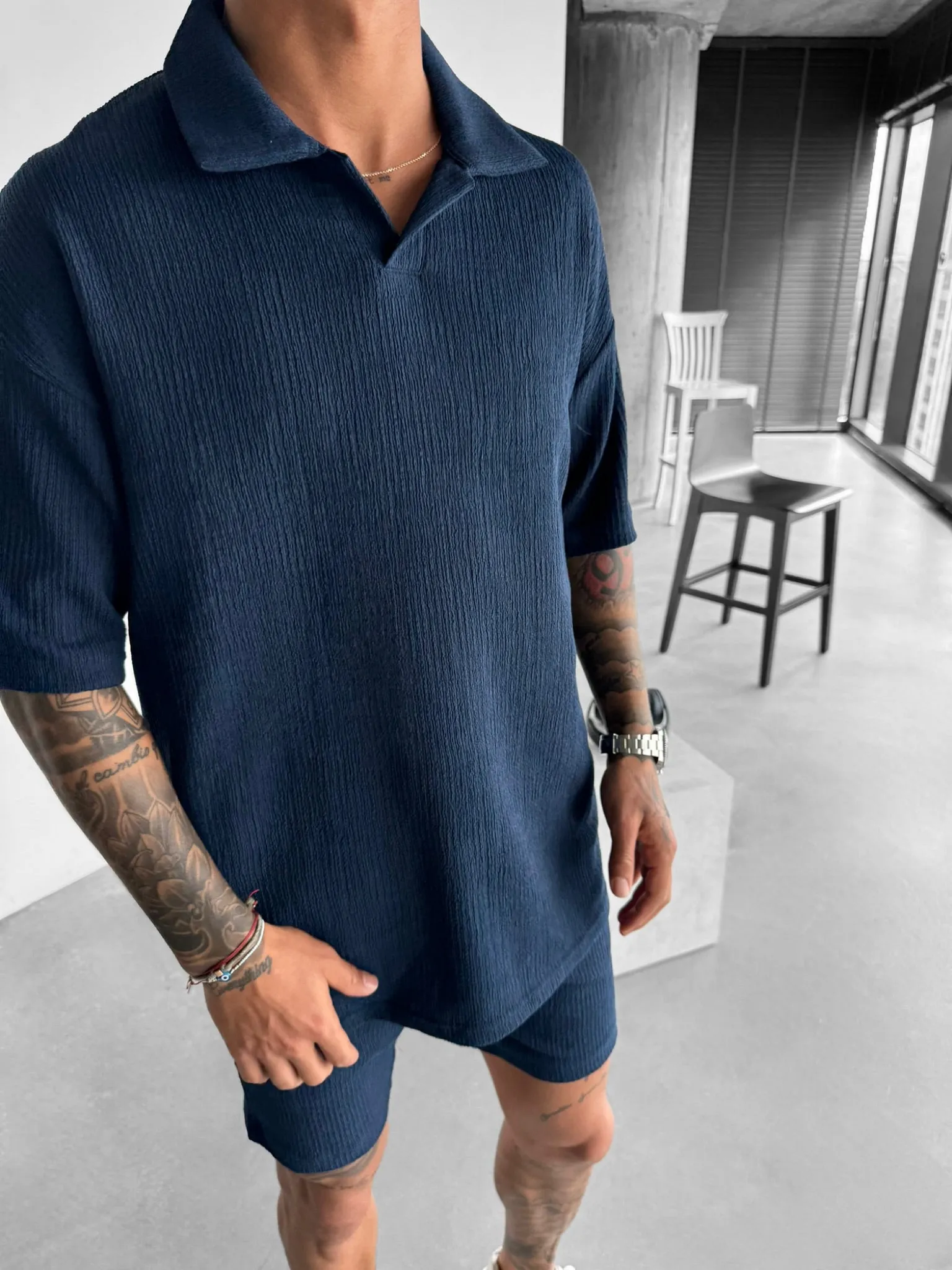 Oversize Crepe Polo T-Shirt - Indigo