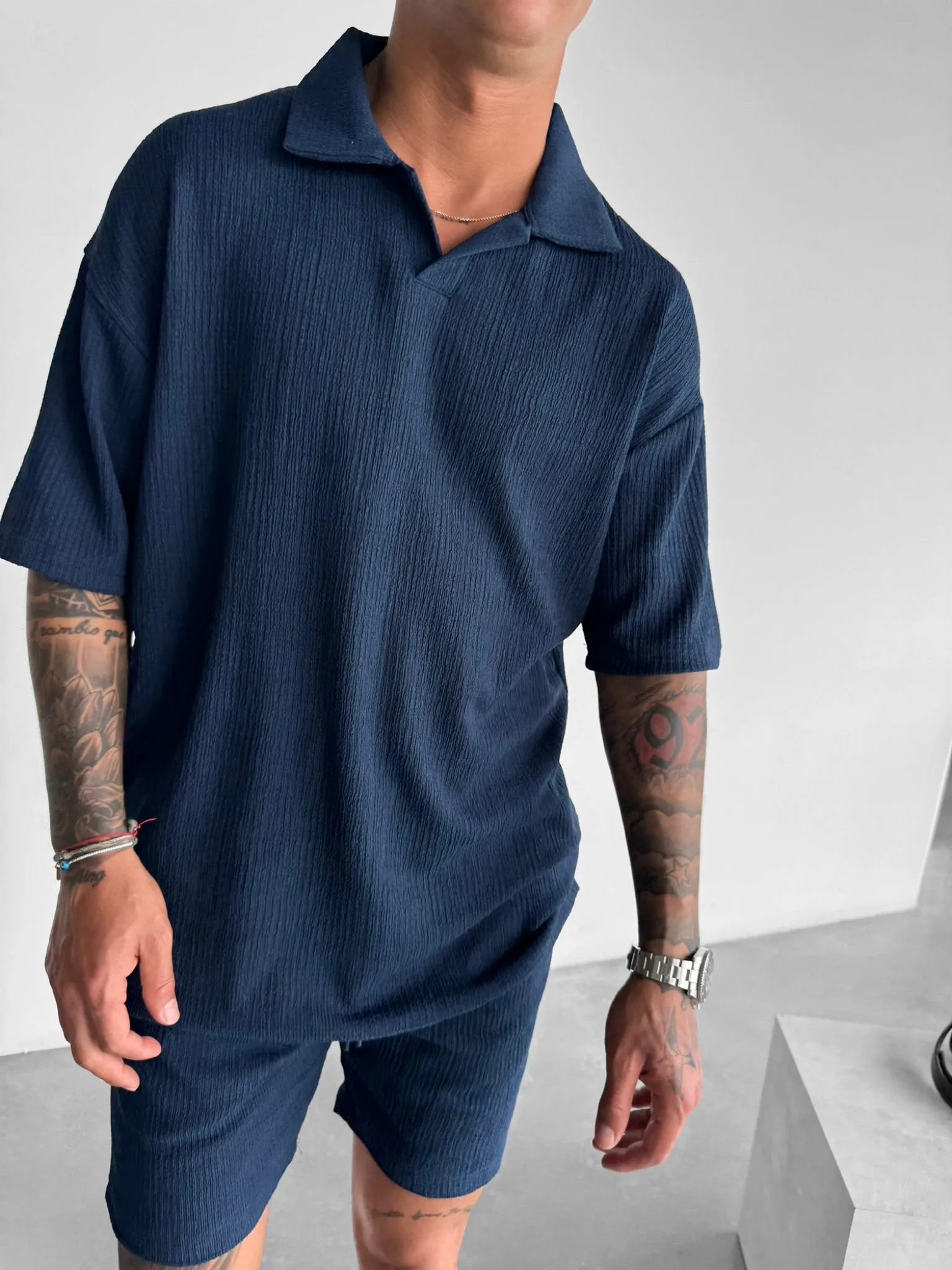 Oversize Crepe Polo T-Shirt - Indigo