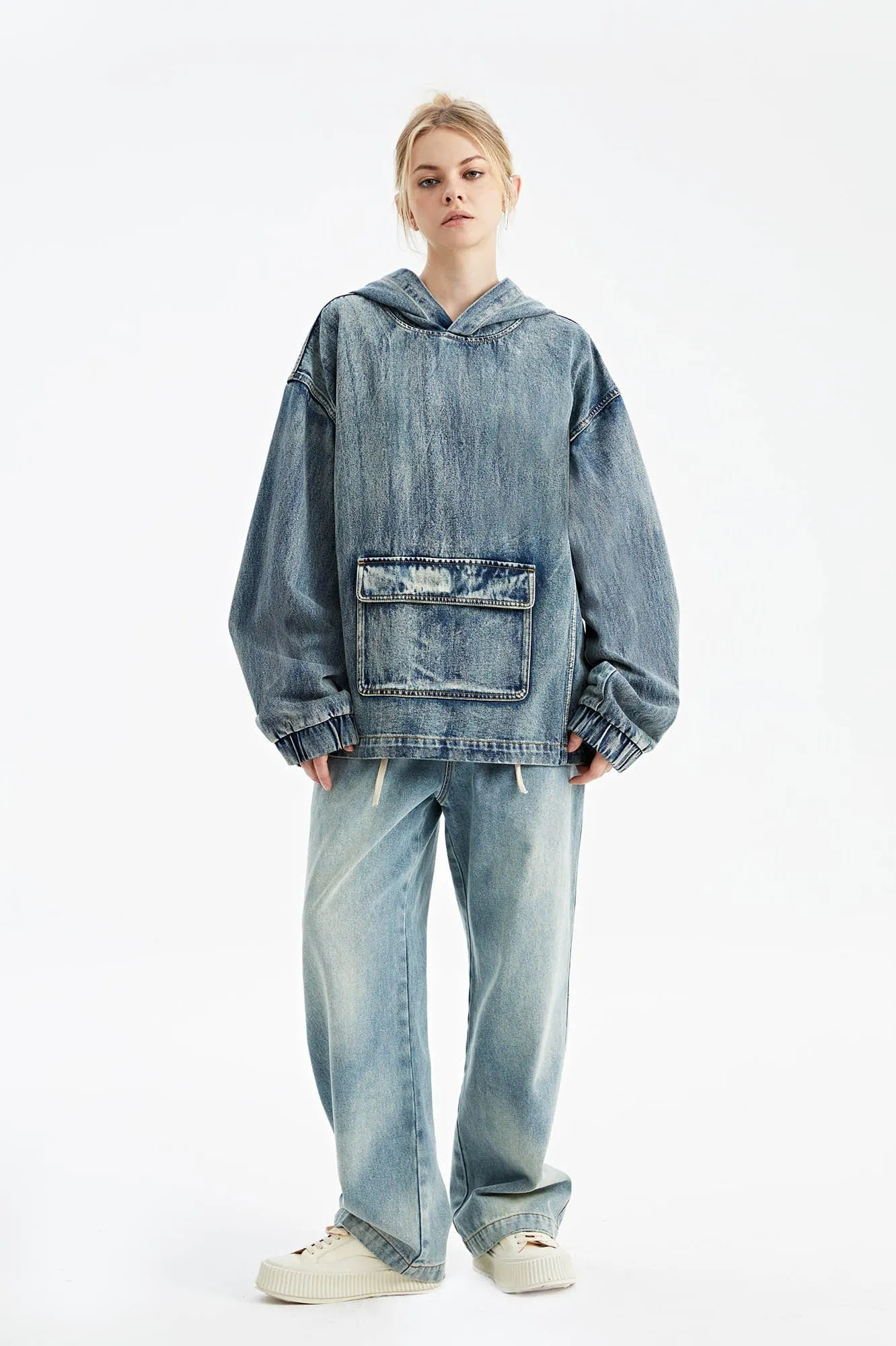 Oversized Denim Hoodie with Front Pocket