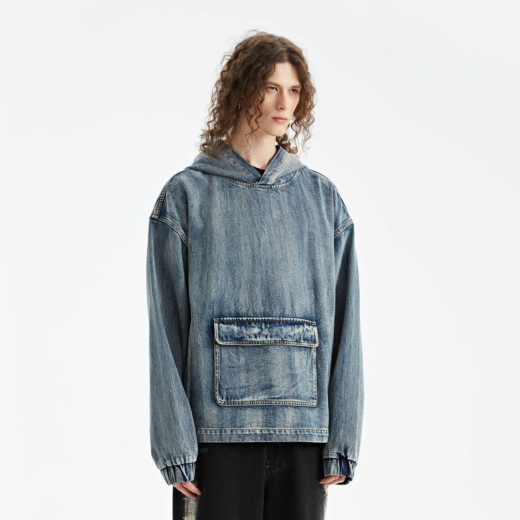 Oversized Denim Hoodie with Front Pocket