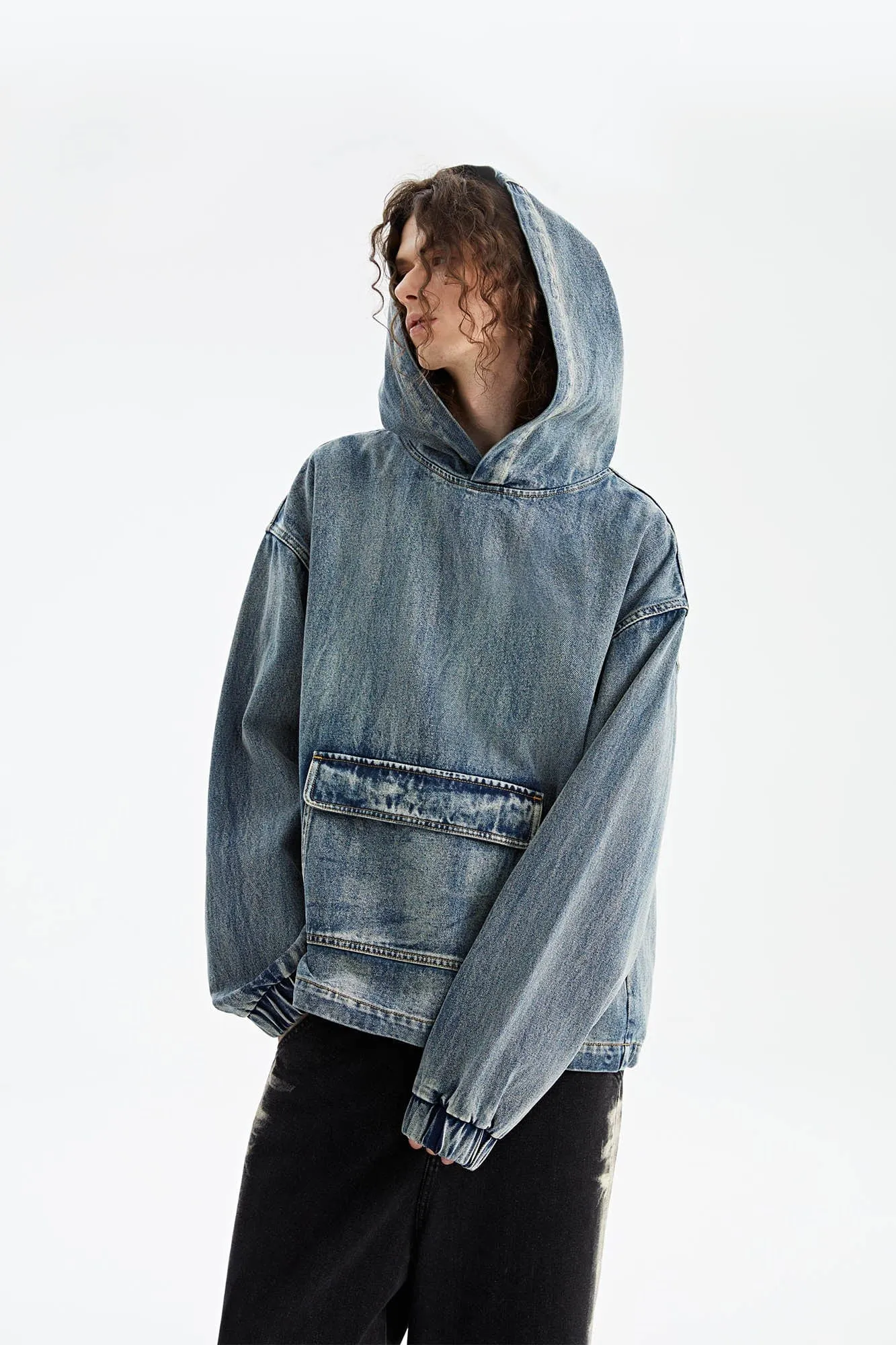 Oversized Denim Hoodie with Front Pocket