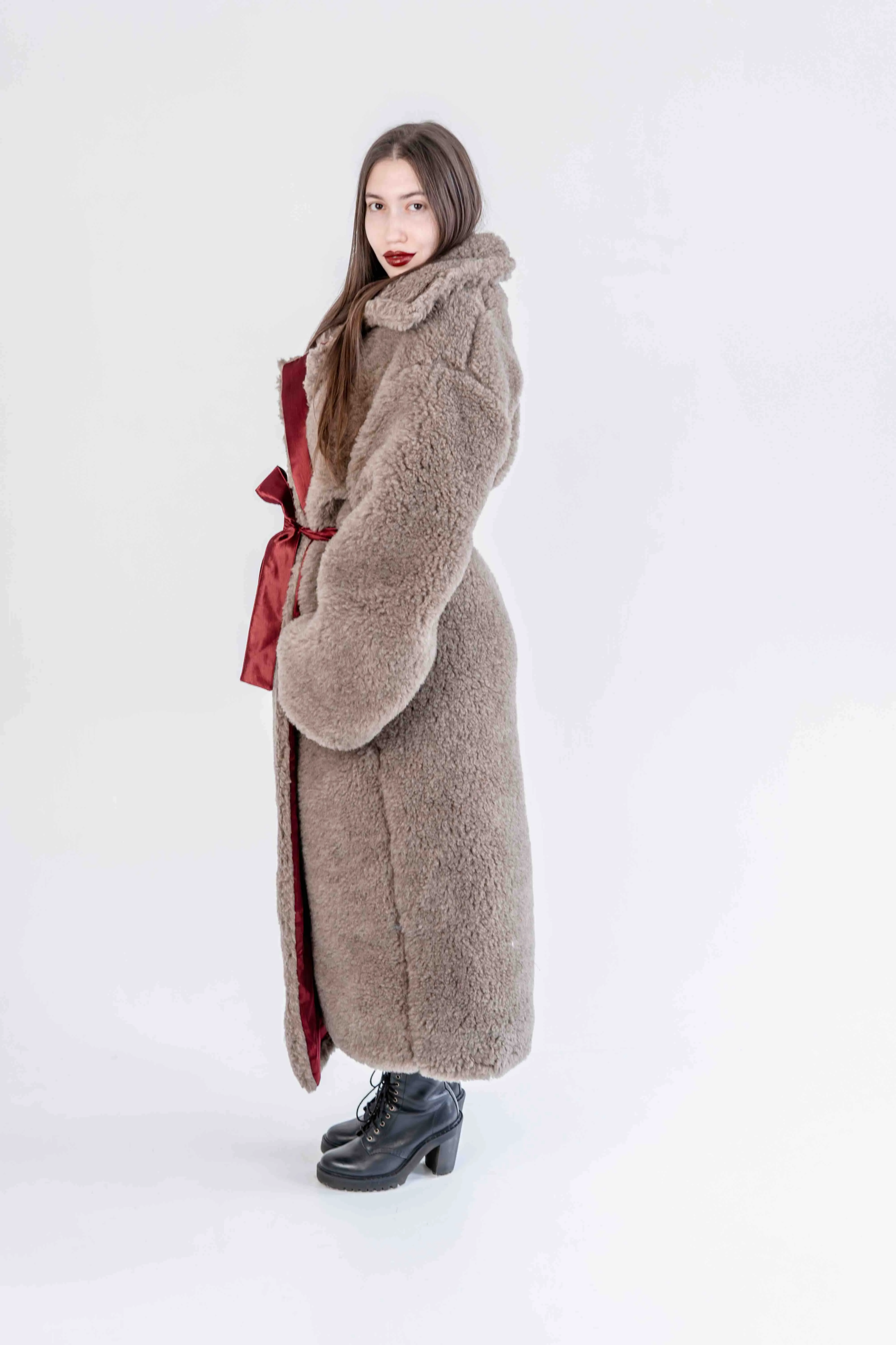 Oversized Woolen Coat with Maroon Silk Lining - Beige