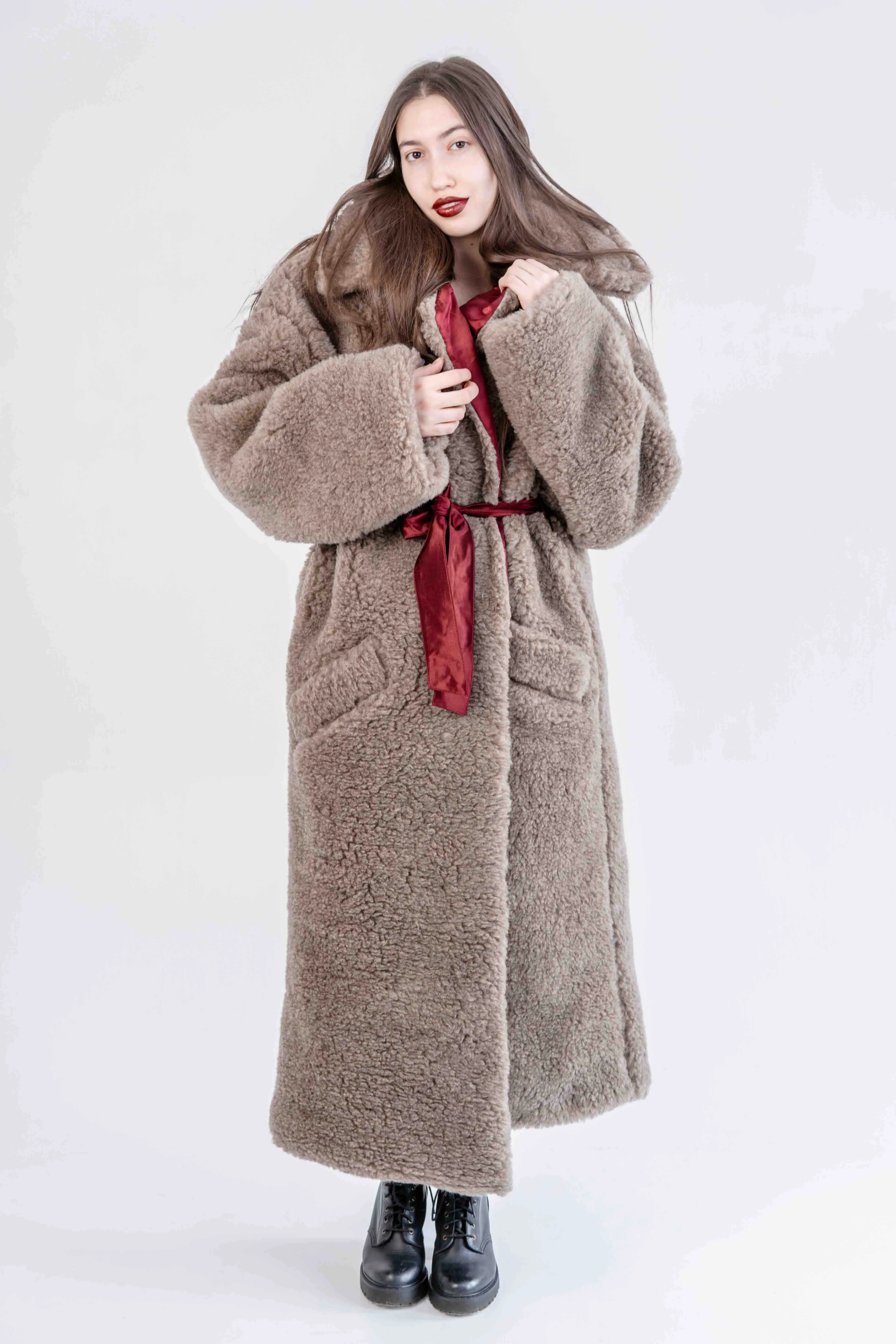 Oversized Woolen Coat with Maroon Silk Lining - Beige