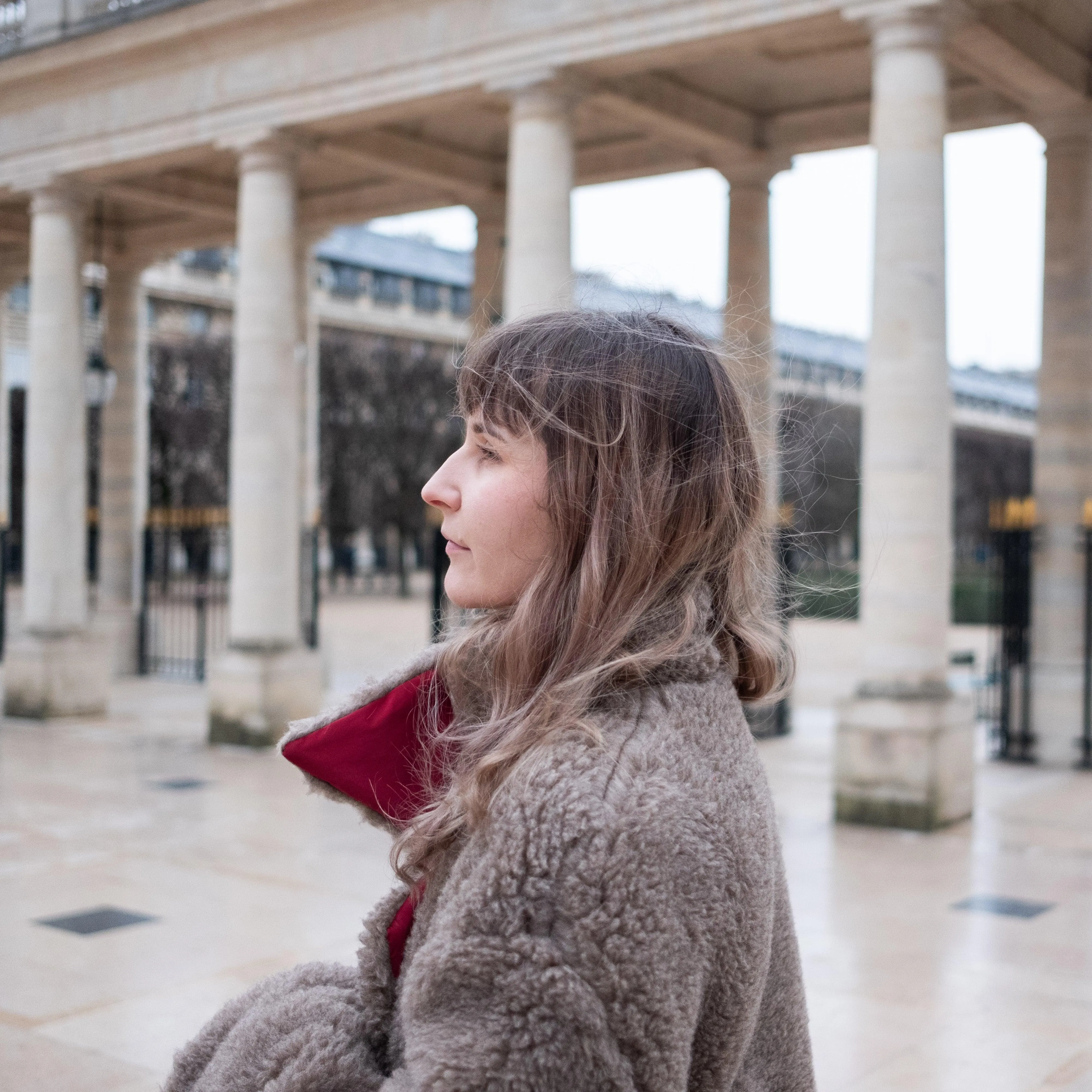 Oversized Woolen Coat with Maroon Silk Lining - Beige