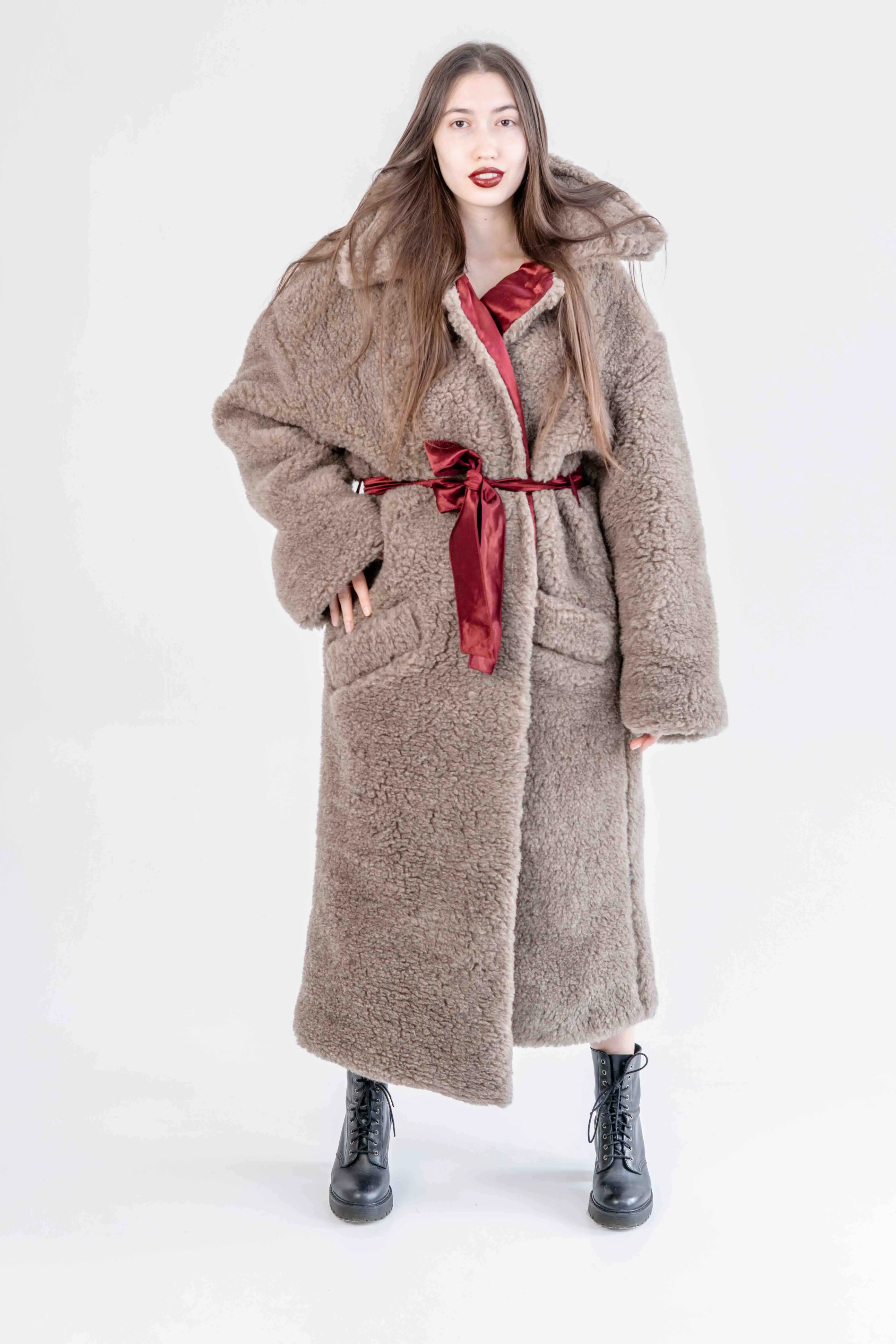 Oversized Woolen Coat with Maroon Silk Lining - Beige