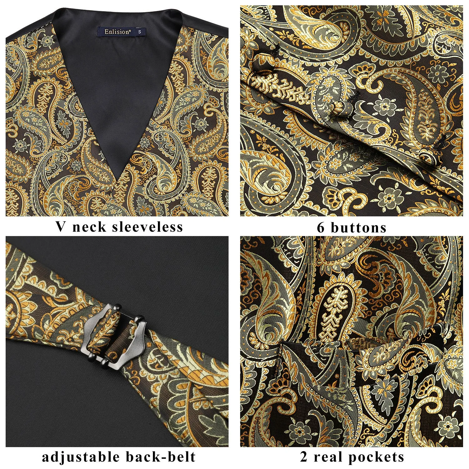 Paisley Suit Vest Tie Handkerchief Set - GOLD