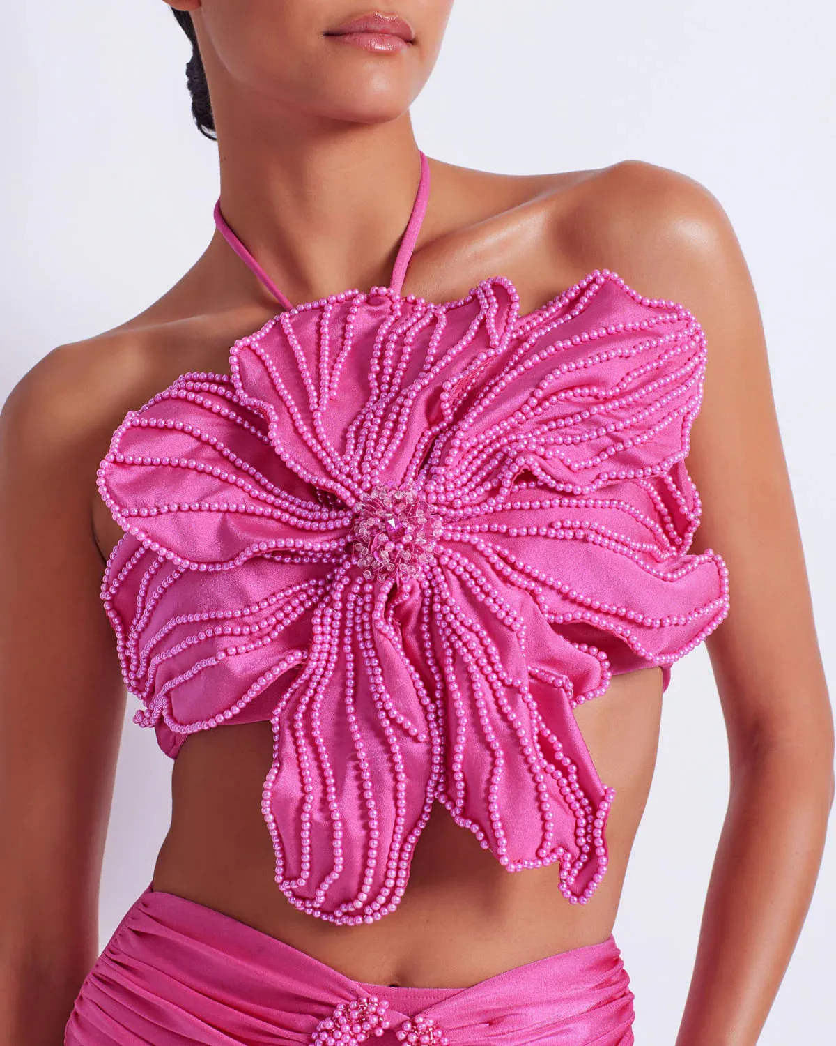 Patbo Hand Beaded Flower Top Flamingo