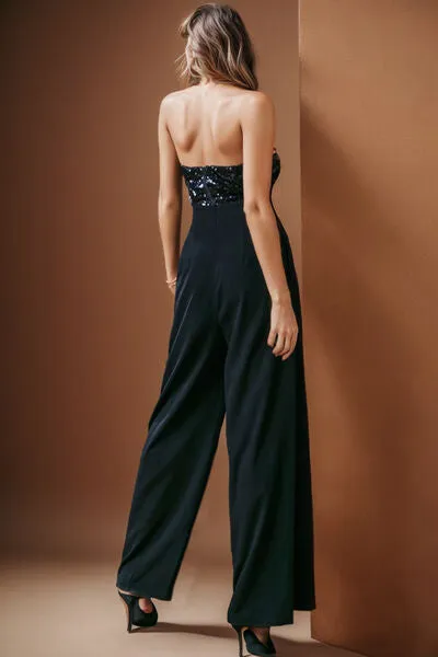 Pearl Sequin Tube Wide Leg Jumpsuit in Badass Black