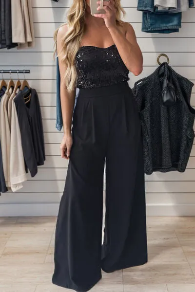 Pearl Sequin Tube Wide Leg Jumpsuit in Badass Black