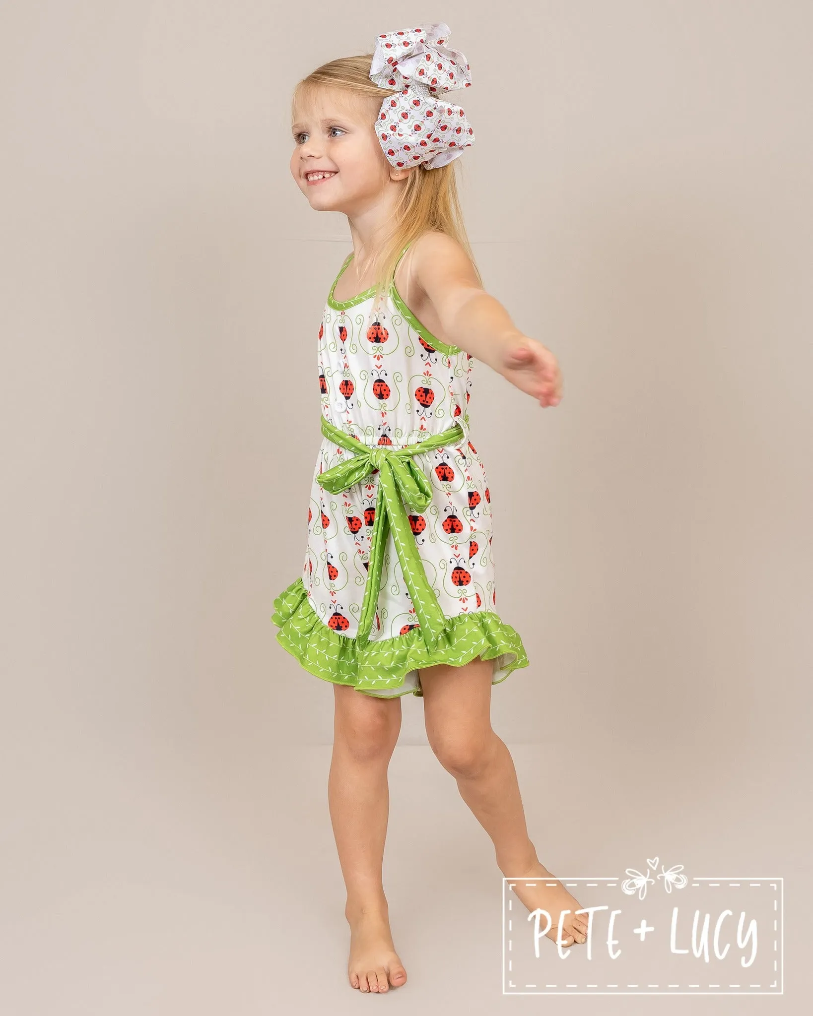 PETE   LUCY Lucky Ladybug Red Green Ruffle Shortie Jumpsuit Romper