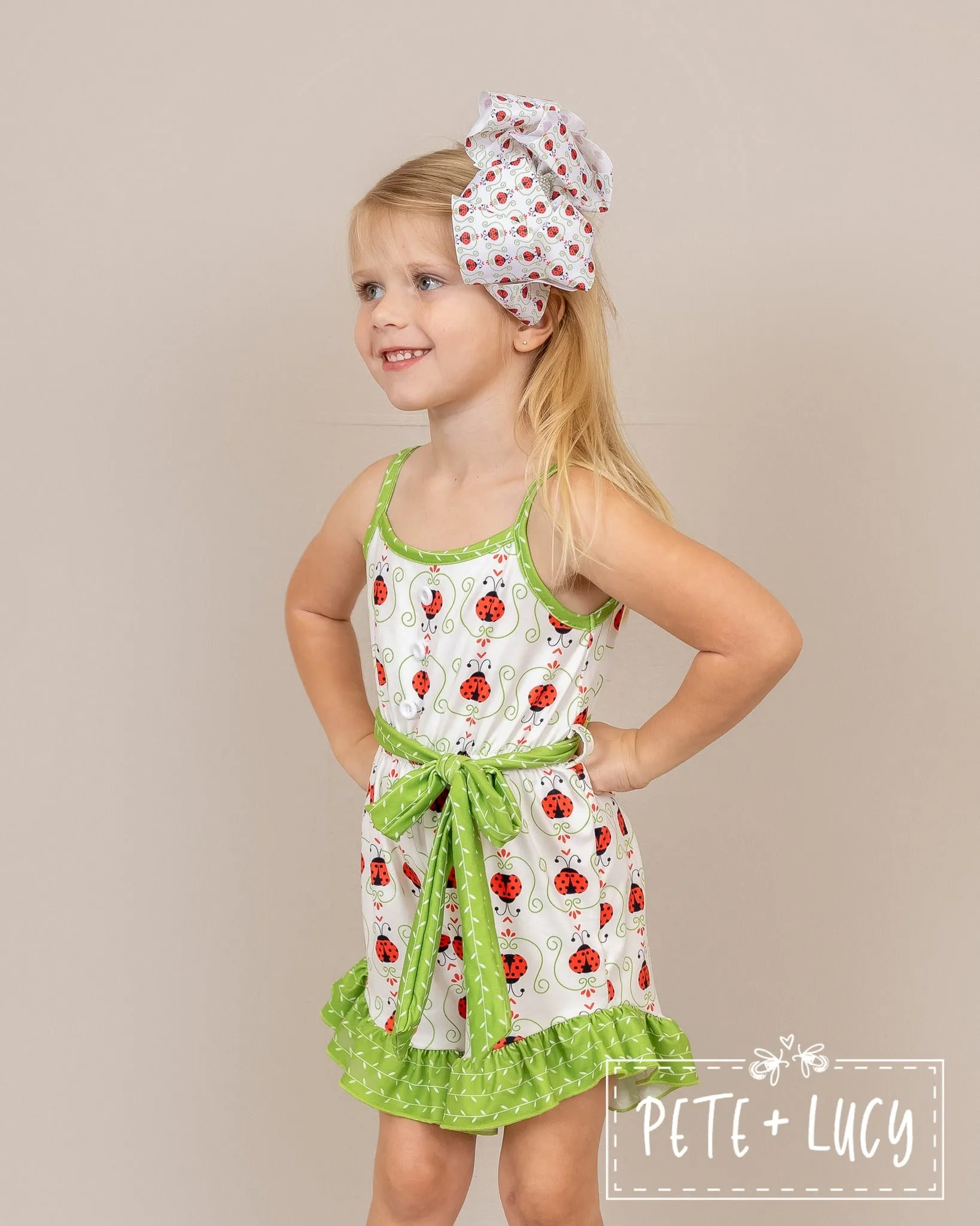 PETE   LUCY Lucky Ladybug Red Green Ruffle Shortie Jumpsuit Romper