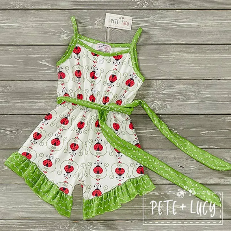 PETE   LUCY Lucky Ladybug Red Green Ruffle Shortie Jumpsuit Romper