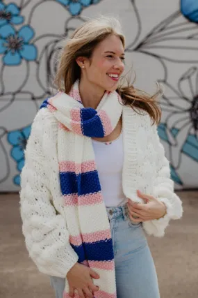 Pink Blue Stripes Crochet Scarf for Women