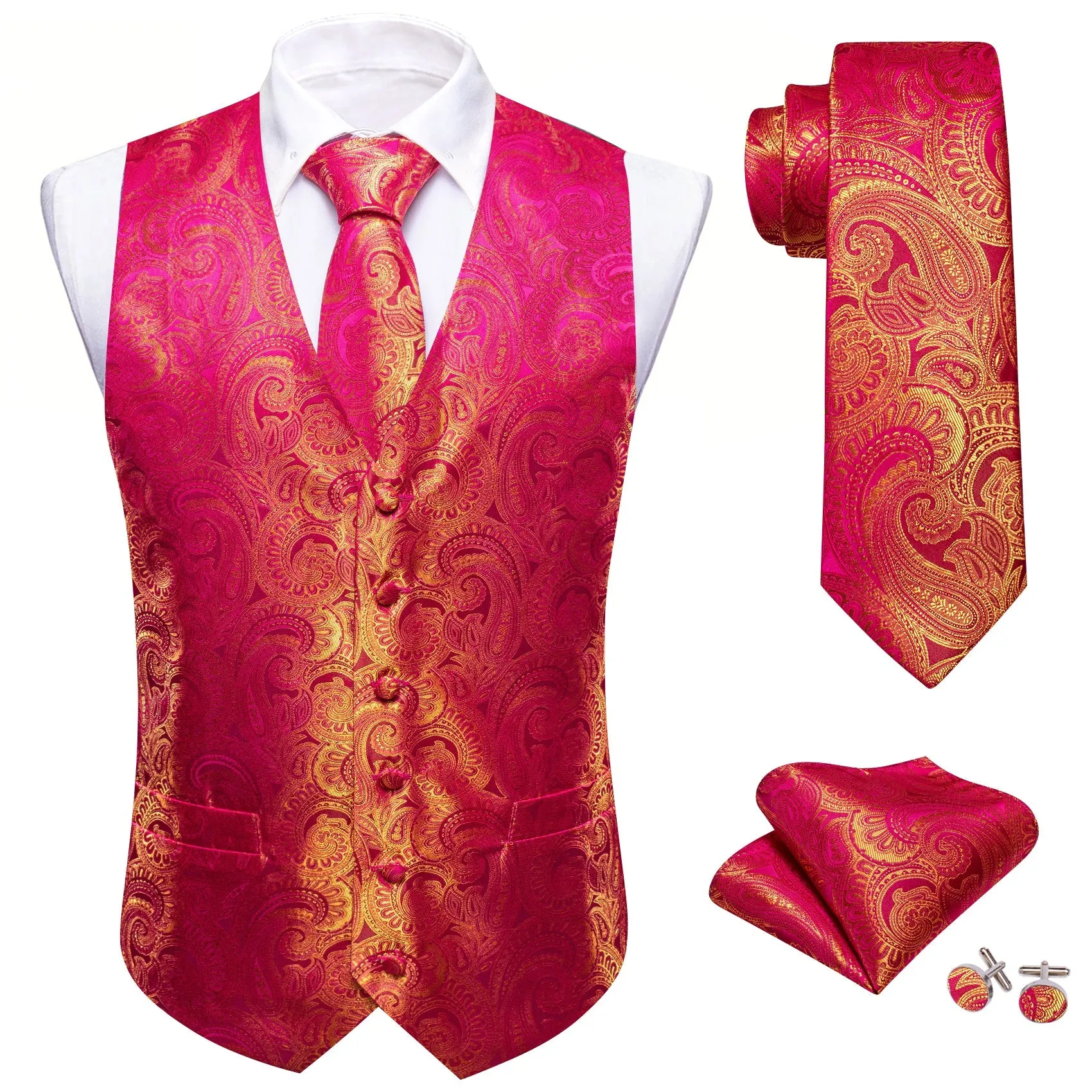 Pink Yellow Paisley Silk Men's Vest Hanky Cufflinks Bow Tie Set