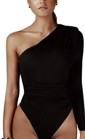 Pleated Slim Black One Shoulder Long Sleeve Bodysuit